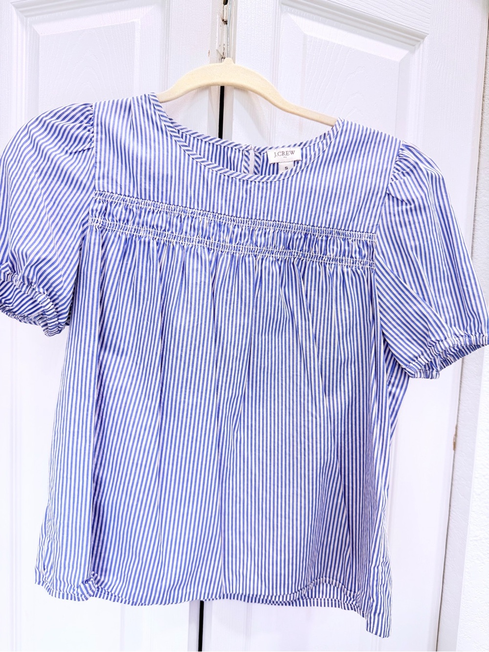 J. Crew Blue and White Striped Smocked Puff-Sleeve Blouse